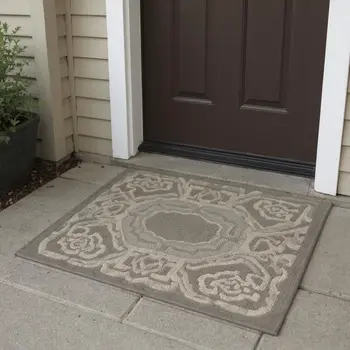 3' X 5' Taupe And Ivory Botanical Leaves Washable Area Rug With UV Protection