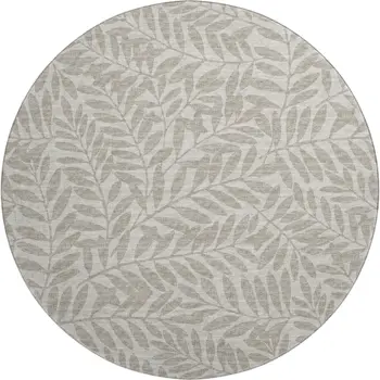 8' Taupe And Ivory Botanical Leaves Washable Round Rug With UV Protection