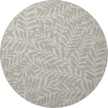 8' Taupe And Ivory Botanical Leaves Washable Round Rug With UV Protection
