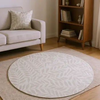 8' Taupe And Ivory Botanical Leaves Washable Round Rug With UV Protection