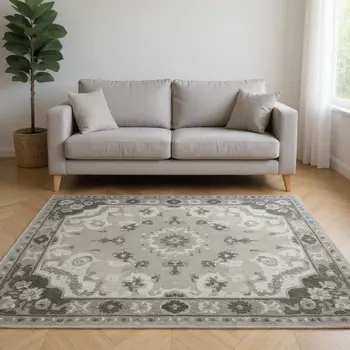 8' X 10' Taupe And Ivory Botanical Leaves Washable Area Rug With UV Protection