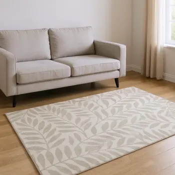 9' X 12' Taupe And Ivory Botanical Leaves Washable Area Rug With UV Protection