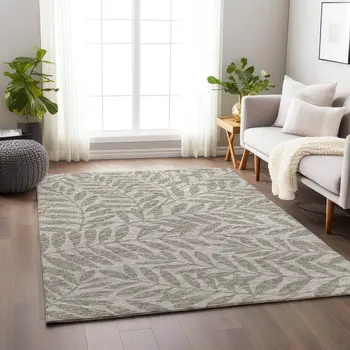 9' X 12' Taupe And Ivory Botanical Leaves Washable Area Rug With UV Protection