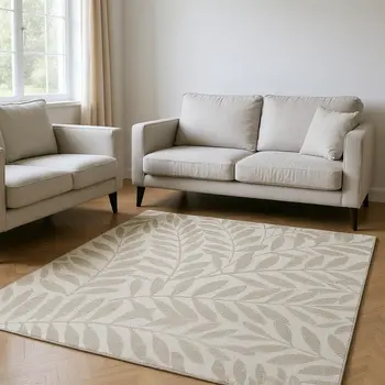 10' X 14' Taupe And Ivory Botanical Leaves Washable Area Rug With UV Protection
