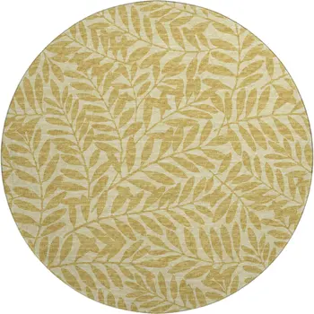 8' Gold And Ivory Botanical Leaves Washable Round Rug With UV Protection