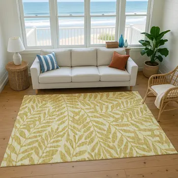 9' X 12' Gold And Ivory Botanical Leaves Washable Area Rug With UV Protection
