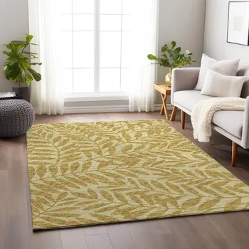 9' X 12' Gold And Ivory Botanical Leaves Washable Area Rug With UV Protection
