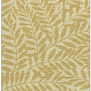 9' X 12' Gold And Ivory Botanical Leaves Washable Area Rug With UV Protection