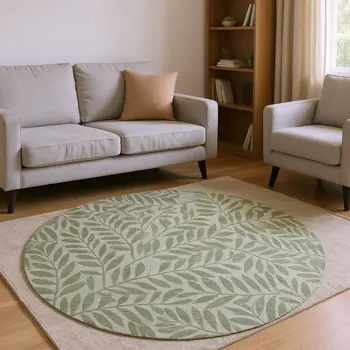 8' Fern Green And Ivory Botanical Leaves Washable Round Rug With UV Protection