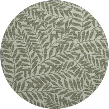 8' Fern Green And Ivory Botanical Leaves Washable Round Rug With UV Protection