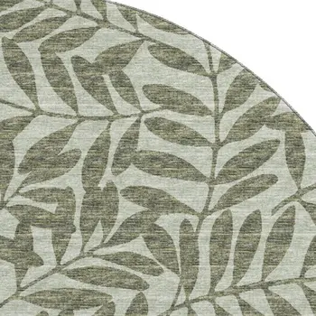 8' Fern Green And Ivory Botanical Leaves Washable Round Rug With UV Protection