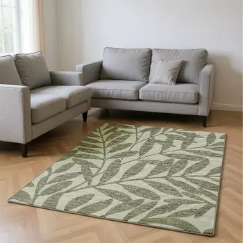 9' X 12' Fern Green And Ivory Botanical Leaves Washable Area Rug With UV Protection
