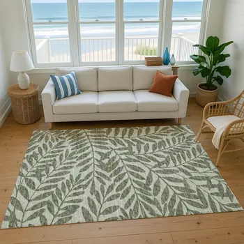 10' X 14' Fern Green And Ivory Botanical Leaves Washable Area Rug With UV Protection