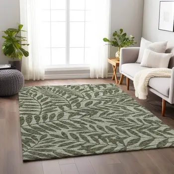 10' X 14' Fern Green And Ivory Botanical Leaves Washable Area Rug With UV Protection