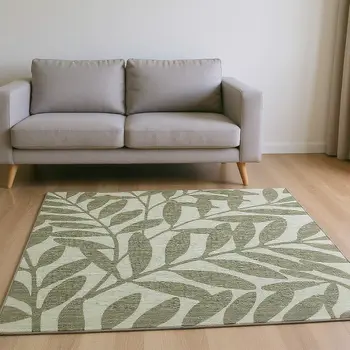 10' X 14' Fern Green And Ivory Botanical Leaves Washable Area Rug With UV Protection