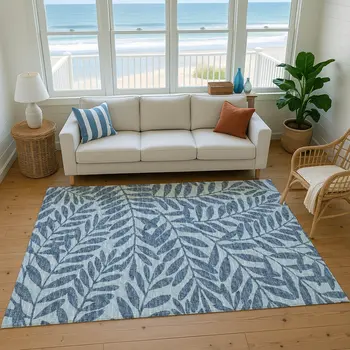 5' X 8' Blue And Ivory Botanical Leaves Washable Area Rug With UV Protection
