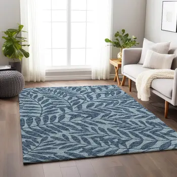 5' X 8' Blue And Ivory Botanical Leaves Washable Area Rug With UV Protection