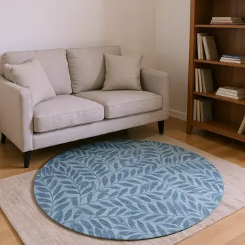 8' Blue And Ivory Botanical Leaves Washable Round Rug With UV Protection