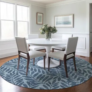 8' Blue And Ivory Botanical Leaves Washable Round Rug With UV Protection