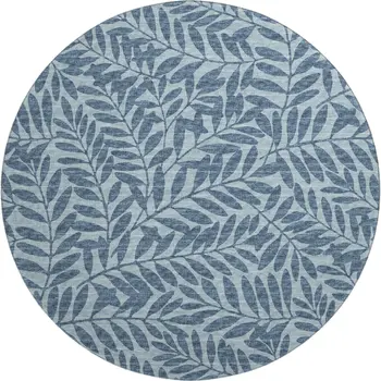 8' Blue And Ivory Botanical Leaves Washable Round Rug With UV Protection