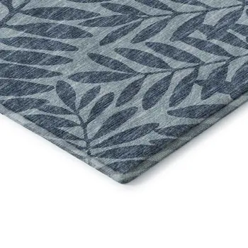 8' Blue And Ivory Botanical Leaves Washable Round Rug With UV Protection