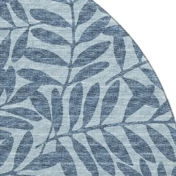 8' Blue And Ivory Botanical Leaves Washable Round Rug With UV Protection