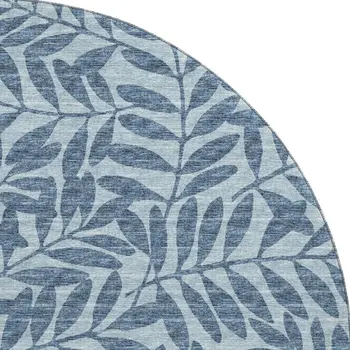 8' Blue And Ivory Botanical Leaves Washable Round Rug With UV Protection