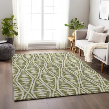 3' X 5' Olive Green And Ivory Tribal Washable Area Rug With UV Protection