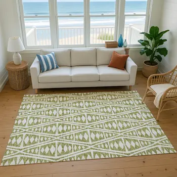5' X 8' Olive Green And Ivory Tribal Washable Area Rug With UV Protection
