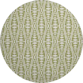 8' Olive Green And Ivory Tribal Washable Round Rug With UV Protection
