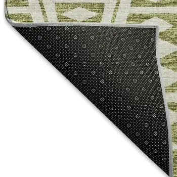 8' Olive Green And Ivory Tribal Washable Round Rug With UV Protection