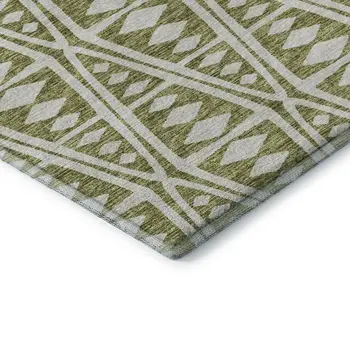 8' Olive Green And Ivory Tribal Washable Round Rug With UV Protection