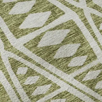8' Olive Green And Ivory Tribal Washable Round Rug With UV Protection