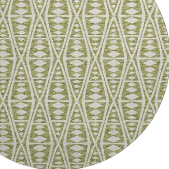 8' Olive Green And Ivory Tribal Washable Round Rug With UV Protection