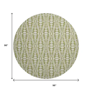 8' Olive Green And Ivory Tribal Washable Round Rug With UV Protection