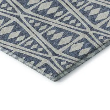 5' X 8' Blue And Ivory Tribal Washable Area Rug With UV Protection