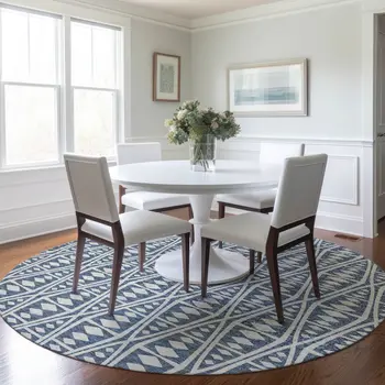 8' Blue And Ivory Tribal Washable Round Rug With UV Protection
