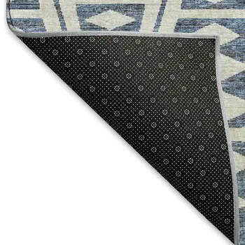 8' Blue And Ivory Tribal Washable Round Rug With UV Protection