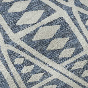 8' Blue And Ivory Tribal Washable Round Rug With UV Protection