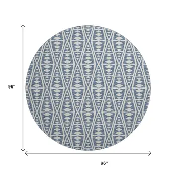 8' Blue And Ivory Tribal Washable Round Rug With UV Protection