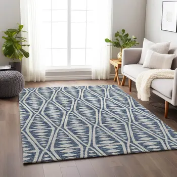 8' X 10' Blue And Ivory Tribal Washable Area Rug With UV Protection