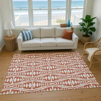 9' X 12' Burnt Sienna And Ivory Tribal Washable Area Rug With UV Protection
