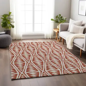10' X 14' Burnt Sienna And Ivory Tribal Washable Area Rug With UV Protection
