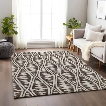 3' X 5' Brown And Ivory Tribal Washable Area Rug With UV Protection