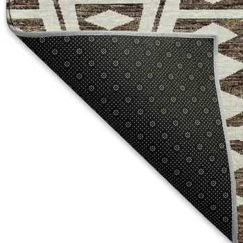 8' Brown And Ivory Tribal Washable Round Rug With UV Protection