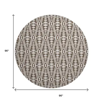 8' Brown And Ivory Tribal Washable Round Rug With UV Protection