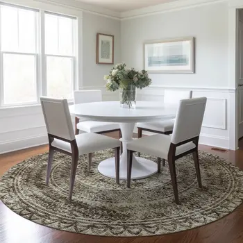 8' Brown And Ivory Medallion Washable Round Rug With UV Protection