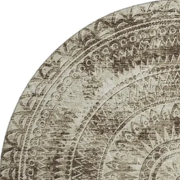 8' Brown And Ivory Medallion Washable Round Rug With UV Protection