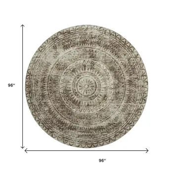 8' Brown And Ivory Medallion Washable Round Rug With UV Protection