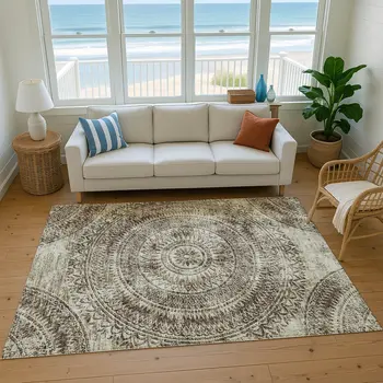 9' X 12' Brown And Ivory Medallion Washable Area Rug With UV Protection